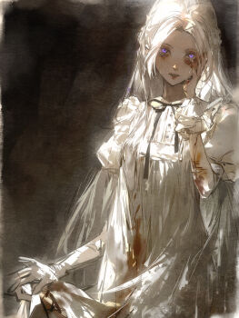 Rule 34 | 1girl, absurdres, blood, blood on clothes, blood on face, breasts, crying, crying with eyes open, dress, edelgard von hresvelg, fire emblem, fire emblem: three houses, grey background, hand on own cheek, hand on own face, hand up, highres, holding own skirt, lkppp, long hair, long sleeves, neck ribbon, nintendo, purple eyes, ribbon, small breasts, solo, tears, upper body, white dress, white hair
