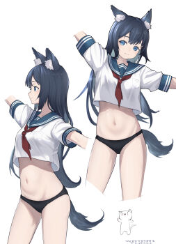1girl absurdres akemiya_genma animal_ears black_hair black_panties blue_eyes breasts chibi chibi_inset closed_mouth cropped_arms cropped_legs cropped_shirt eyebrows_hidden_by_hair from_side hair_between_eyes highres long_hair looking_ahead looking_at_viewer medium_breasts midriff multiple_views navel no_pants original outstretched_arms panties sailor_collar school_uniform serafuku shirt_overhang simple_background smile spread_arms stomach tail underwear white_background wolf_ears wolf_girl wolf_tail