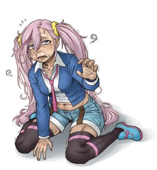 Rule 34 | 1girl, :<, aged up, aging, blouse, body modification, curvy, digimon, digimon universe: appli monsters, highres, karan eri, kneeling, long hair, navel, old, old woman, pink hair, sad, shirt, shorts, solo, surprised, tears, tobatoinu, trembling, twintails, wide hips