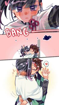 1boy 1girl :d against_wall animal bird blush butterfly_hair_ornament crow earrings english_text flying_sweatdrops hair_ornament haori heart hetero highres hug japanese_clothes jewelry kabedon kamado_tanjirou kimetsu_no_yaiba kiss looking_at_another looking_at_viewer open_mouth scar scar_on_face short_hair side_ponytail smile spoken_heart sweat tsuyuri_kanao watermark yoru_karu
