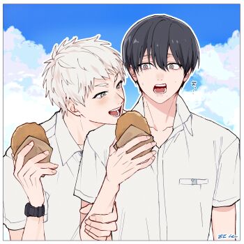Rule 34 | 2boys, absurdres, black hair, blush, border, collared shirt, eating, food, grey eyes, hair between eyes, hashtag-only commentary, highres, hikaru ga shinda natsu, holding, holding food, indou hikaru, looking at another, male focus, mole, mole on cheek, mole on neck, mole under eye, mole under mouth, multiple boys, multiple moles, nose blush, outline, pocket, red pupils, shirt, short eyebrows, short hair, slit pupils, sono nu, sweat, teeth, tsujinaka yoshiki, upper body, watch, white border, white hair, white outline, white shirt, wristwatch