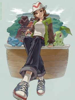 Rule 34 | 1boy, 1girl, bell-bottoms, black hair, black hat, blue pants, breasts, brown eyes, brown hair, chikorita, closed eyes, closed mouth, fangs, gen 2 pokemon, gen 5 pokemon, green jacket, harmony (pokemon), hat, highres, holding, holding poke ball, jacket, leaf, long sleeves, looking at viewer, medium breasts, mumumi, nintendo, on shoulder, open clothes, open jacket, open mouth, pants, paxton (pokemon), poke ball, poke ball (basic), pokemon, pokemon (creature), pokemon legends: z-a, pokemon on shoulder, red eyes, ribbed socks, shirt, shoes, short hair, smile, socks, striped hat, tepig, totodile, white hat, white shirt, white socks