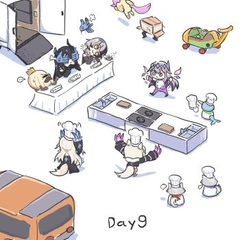 1boy 6+girls adjusting_clothes adjusting_headwear arms_up car chef_hat chibi claws cutting_board disembodied_head english_text fluttershy full_body fuwawa_abyssgard fuwawa_abyssgard_(1st_costume) hands_up hat highres hololive hololive_english koseki_bijou koseki_bijou_(1st_costume) looking_at_another mario_(series) mario_kart mario_kart_8 mococo_abyssgard mococo_abyssgard_(1st_costume) motor_vehicle multiple_girls my_little_pony my_little_pony:_friendship_is_magic nerissa_ravencroft nerissa_ravencroft_(1st_costume) nintendo onion onion_king overcooked phasmophobia puff_of_air shiori_novella shiori_novella_(1st_costume) simple_background sink sitting standing stove ta_wam van virtual_youtuber white_background