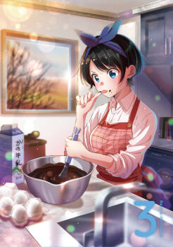 1girl apron black_hair blu-ray_cover blue_eyes blue_ribbon chocolate collared_shirt copyright_name cover egg hair_ribbon holding holding_whisk kanojo_okarishimasu licking_own_finger official_art red_apron ribbon sarashina_ruka shirt short_hair solo tongue tongue_out whisk white_shirt
