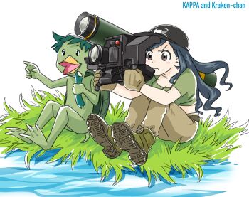 1girl belt black_hat blue_hair boots breasts brown_eyes brown_footwear brown_gloves brown_pants cleavage collarbone combat_boots creature crop_top curly_hair determined english_text from_side frown furrowed_brow gloves grass green_belt green_shirt hat holding holding_weapon japanon kappa kraken_(japanon) kraken_regiment light_blush long_hair looking_to_the_side medium_breasts midriff military original pants pond puddle rocket_launcher shirt sitting squid weapon