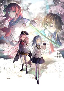 Rule 34 | 4girls, absurdres, angel beats!, brown hair, commentary request, fuzijo, green eyes, grey hair, hat, heaven burns red, highres, holding, holding weapon, kayamori ruka, kunimi tama, looking at viewer, multiple girls, nakamura yuri, pink hair, red eyes, red hair, sailor hat, school uniform, tachibana kanade, weapon, yellow eyes