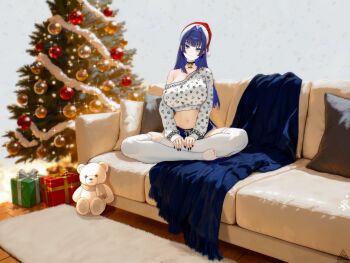 absurdres bell black_choker black_nails black_shorts blanket blue_eyes blue_hair choker christmas_tree commentary couch crop_top english_commentary fingernails gift hamaxade hat highres hololive hololive_english long_fingernails long_sleeves midriff nail_polish neck_bell on_couch ouro_kronii pillow rug santa_hat short_shorts shorts stuffed_animal stuffed_toy teddy_bear thighhighs white_thighhighs