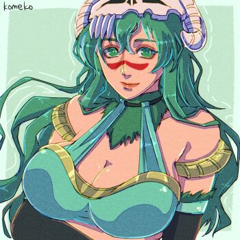 1girl aqua_shirt artist_name black_sleeves bleach breasts cleavage closed_mouth crop_top detached_sleeves facial_mark fur_collar gold_tiara green_background green_eyes green_hair hair_between_eyes halterneck highres komeko_(strikek-lvvjm27) large_breasts light_smile long_hair looking_at_viewer midriff nelliel_tu_odelschwanck shirt skull_on_head solo upper_body