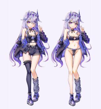 1girl asymmetrical_legwear bare_legs bare_shoulders belt black_belt black_bra black_choker black_panties black_skirt black_thighhighs bra breasts chest_jewel choker collarbone commentary english_commentary fii_fii_(feefeeowo) frilled_bra frilled_choker frilled_panties frills full_body gem gluteal_fold gradient_hair grey_background grey_hair grey_leg_warmers highres hololive hololive_english jacket koseki_bijou koseki_bijou_(casual) leg_warmers long_hair long_sleeves looking_at_viewer midriff mismatched_legwear multicolored_hair multiple_views navel off_shoulder official_alternate_costume panties purple_eyes purple_gemstone purple_hair quilted_jacket shoes simple_background single_leg_warmer single_thighhigh skirt small_breasts smile sneakers thigh_gap thighhighs underwear v very_long_hair virtual_youtuber zipper_skirt