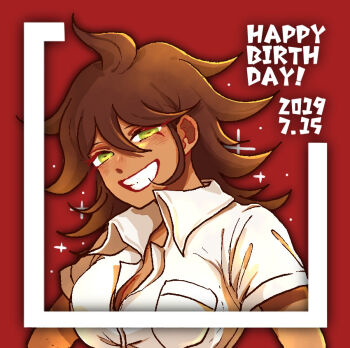 Rule 34 | 1girl, breast pocket, breasts, brown hair, cleavage, collared shirt, commentary request, danganronpa (series), danganronpa 2: goodbye despair, dark-skinned female, dark skin, dated, english text, eyelashes, green eyes, grin, hair between eyes, happy birthday, kiri (2htkz), medium hair, owari akane, pocket, red background, shirt, short sleeves, simple background, smile, solo, sparkle, tan, teeth, white shirt