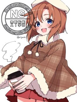 1girl :d black_ribbon blue_eyes blunt_ends blush brown_coat coat cowboy_shot cup disposable_coffee_cup disposable_cup fur-trimmed_coat fur-trimmed_sleeves fur_trim hat highres higurashi_no_naku_koro_ni holding holding_cup long_sleeves looking_at_viewer miniskirt neck_ribbon niyane open_mouth orange_hair parted_bangs plaid_clothes plaid_coat pleated_skirt red_skirt ribbon ryuuguu_rena short_hair simple_background skirt smile solo twitter_username watermark white_background white_hat wide_sleeves