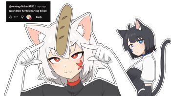 2girls animal_ears animated animated_gif baguette black_hair black_shrug blue_eyes blush bread breasts cat_cutout cat_ears cat_girl cat_tail cleavage_cutout clothing_cutout collar commentary daebom english_commentary facial_mark facial_tattoo food gloves implied_object_insertion leotard looking_at_viewer m18_black_cat_(daebom) m18_hellcat_(daebom) medium_breasts military_vehicle motor_vehicle multiple_girls open_mouth personification red_collar red_eyes short_hair shrug_(clothing) star_(symbol) star_facial_mark star_tattoo tail tail_raised tank tattoo teleportation war_thunder white_gloves white_hair