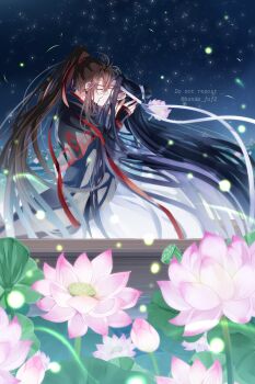Rule 34 | 2boys, absurdres, ahoge, artist name, bishounen, black hair, black hanfu, boat, brown hair, chinese clothes, closed eyes, commentary request, couple, falling leaves, fireflies, floating hair, flower, hair ribbon, hanfu, headband, high ponytail, highres, hug, kanda faf2, kiss, lan wangji, leaf, lily pad, long hair, long sleeves, lotus, lotus leaf, lotus pod, male focus, modao zushi, multiple boys, night, on boat, outdoors, pink flower, ponytail, profile, red ribbon, ribbon, robe, sidelocks, sitting, sky, star (sky), starry sky, topknot, twitter username, very long hair, water, watercraft, watermark, wei wuxian, white hanfu, white headband, wide sleeves, wind, xiao guan (headdress), yaoi