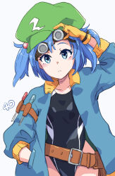 Rule 34 | 1girl, belt, black one-piece swimsuit, blue eyes, blue hair, blue jacket, breasts, brown belt, collarbone, commentary request, cowboy shot, flat cap, green hat, hat, highres, jack (wkm74959), jacket, kawashiro nitori, long sleeves, looking at viewer, loose belt, nitori day, one-hour drawing challenge, one-piece swimsuit, puffy sleeves, screwdriver, small breasts, solo, swimsuit, touhou, two side up