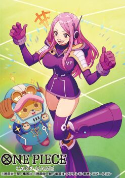 +++ 1boy 1girl animal_ears antlers blue_coat boots breasts cheek_piercing coat commentary_request copyright_logo copyright_name copyright_notice deer_ears face_piercing gloves hands_up headphones helmet highres horns jacket jewelry_bonney large_breasts lipstick logo long_hair long_sleeves makeup official_alternate_costume official_art one_piece one_piece_card_game open_mouth piercing pink_hair purple_boots purple_gloves purple_jacket purple_thighhighs reindeer_antlers reindeer_boy rokushiro_koushi science_fiction sparkle standing standing_on_one_leg thighhighs thighhighs_under_boots tony_tony_chopper