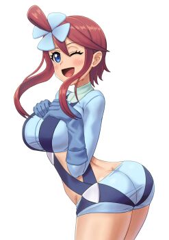 1girl ass blue_eyes blush breasts crop_top dark-skinned_female dark_skin els_(ljhlee12) gloves large_breasts long_hair long_sleeves looking_at_viewer nintendo one_eye_closed open_mouth pokemon pokemon_bw red_hair shorts skyla_(pokemon) wink