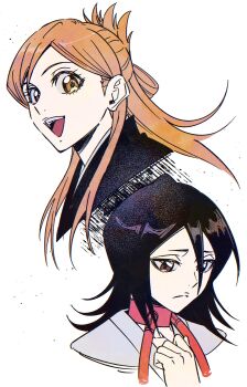 Rule 34 | 2girls, absurdres, bleach, brown eyes, brown hair, cropped torso, frown, grey eyes, hair between eyes, half updo, hand on own chest, highres, inoue orihime, kuchiki rukia, long hair, medium hair, multiple girls, n (nauki 11), open mouth, parted bangs, sad, sidelocks, sketch, smile, upper body, white background