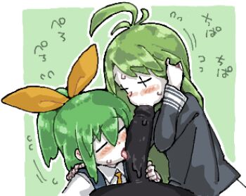 Rule 34 | + +, 1boy, 2girls, ahoge, black skin, blush, bow, closed eyes, collared shirt, colored skin, cookie (touhou), cooperative fellatio, crossover, daiyousei, diyusi (cookie), fellatio, green background, green hair, hair bow, hetero, high ponytail, licking, licking penis, long hair, lowres, man (man-room), multiple girls, open mouth, oral, orange bow, penis, ponytail, shirt, short hair, teamwork (sexual), tone sphere, touhou, trin (tone sphere), upper body, white shirt, white skin