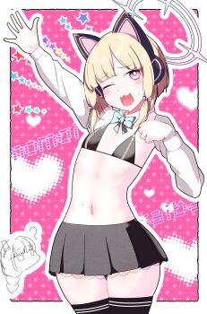 Rule 34 | 1girl, animal ears, black bra, black skirt, black thighhighs, blonde hair, blue archive, blush, border, bra, cat ears, fake animal ears, female focus, flat chest, halo, headphones, kuyu730, looking at viewer, momoi (blue archive), navel, no shirt, one eye closed, outline, pale skin, pink background, pink eyes, shiny skin, short hair, skirt, solo, thighhighs, underwear, white border, white outline, white sleeves, wink, zettai ryouiki