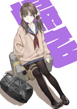 1girl black_bag black_pantyhose black_shoes blue_sailor_collar blue_skirt brown_cardigan cancer_(zjcconan) cardigan closed_mouth commentary_request expressionless full_body grey_eyes hair_ornament hair_scrunchie hand_in_pocket highres loafers long_sleeves looking_at_viewer medium_hair miniskirt neckerchief original pantyhose pouch red_neckerchief sailor_collar sailor_shirt scrunchie shadow shirt shoes sitting skirt solo text_background thigh_pouch twintails white_scrunchie white_shirt