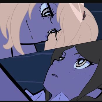 2girls bear_hair_ornament black_hair blonde_hair close-up collared_shirt danganronpa:_trigger_happy_havoc danganronpa_(series) enoshima_junko eyebrows freckles hair_ornament ikusaba_mukuro incest looking_at_another looking_down looking_up lowres multiple_girls nose open_mouth panty_&amp;_stocking_with_garterbelt reference_work shirt siblings simple_background sisters split_screen twincest twins wavy_mouth yellow_eyes yuri