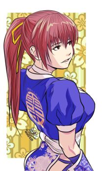 Rule 34 | 1girl, ass, breasts, brown hair, dead or alive, flower, from behind, hair ribbon, highres, kasumi (doa), large breasts, long hair, mimiyama kiichi, ninja, ponytail, ribbon, short sleeves