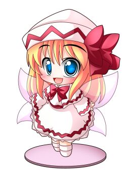 1girl :d blonde_hair blue_eyes blush bow bowtie capelet chibi chibi_only commentary_request dress fairy_wings faux_figurine full_body hair_between_eyes hat hat_bow lily_white long_hair long_sleeves open_mouth red_bow red_bowtie shinjitsu shoes simple_background smile solo standing touhou white_background white_capelet white_dress white_hat white_shoes wings