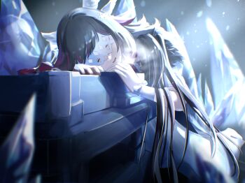 Rule 34 | 1girl, black hair, breath, closed eyes, coat, coffin, columbina (genshin impact), commentary request, eye mask, fatui coat, fur-trimmed coat, fur trim, genshin impact, hair ornament, highres, ice crystal, long hair, lucio (luci0 52), mask, multicolored hair, multiple wings, open mouth, purple streaks, see-through clothes, see-through mask, sidelighting, solo, streaked hair, white mask, white wings, wing hair ornament, wings