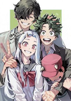 1girl 3boys aged_up aizawa_shota black_suit blush boku_no_hero_academia business_suit collared_shirt eri_(boku_no_hero_academia) formal_clothes grey_hair grin height_difference highres horns izumi_kota kuby_hq long_hair long_sleeves midoriya_izuku multiple_boys necktie official_alternate_costume official_alternate_hairstyle open_mouth red_eyes scar scar_on_face shirt single_horn smile suit v white_shirt