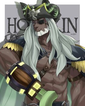 1boy abs afk_(series) afk_journey artist_name bara beard cape closed_mouth commentary dark-skinned_male dark_skin english_commentary eyepatch facial_hair furry furry_male hat highres hodgkin_(afk) hook_hand kaido_(62145659) looking_at_viewer male_focus muscular muscular_male nipples pectorals pirate_hat white_hair