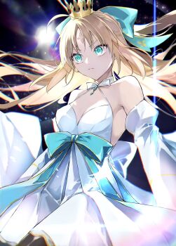 ahoge artoria_caster_(fate) artoria_caster_(hopewill_camelot)_(fate) artoria_caster_(swimsuit)_(fate) artoria_pendragon_(fate) bare_shoulders black_pantyhose bow breasts closed_mouth crown dress fate/grand_order fate_(series) green_bow green_eyes green_ribbon hair_bow highres kino_kokko looking_at_viewer pantyhose ribbon shine small_breasts twintails white_dress