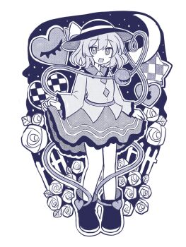 Rule 34 | 1girl, boots, bow, buttons, commentary, diamond button, eyeball, flower, frilled shirt collar, frilled sleeves, frills, full body, hashtag-only commentary, hat, hat bow, heart, heart of string, highres, komeiji koishi, looking at viewer, monochrome, open mouth, rose, silverrain, skirt hold, smile, solo, third eye, touhou