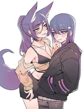 2girls :d animal_ear_fluff animal_ears black_bra black_choker black_hoodie blush bra breasts choker cleavage crop_top extra_ears fox_ears fox_tail green_eyes hair_between_eyes hand_in_pocket hand_on_another's_cheek hand_on_another's_face highres hood hoodie jewelry kakult2017 ksp_(vtuber) large_breasts long_hair meridian_project miniskirt mole mole_on_breast multiple_girls necklace off_shoulder open_mouth pantyhose parted_lips pleated_skirt ponytail purple_eyes purple_hair seki_(vtuber) simple_background skirt smile standing tail thigh_strap underwear virtual_youtuber white_background