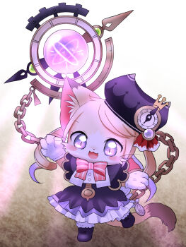 1boy :3 animal_ears blonde_hair body_fur boots bow cat_boy cat_busters cat_ears cat_tail chain chibikemo chrona_(cat_busters) clock commentary_request crown dress full_body furry furry_male gloves hat highres male_focus open_mouth pink_bow pocket_watch purple_boots purple_dress purple_eyes purple_hat ringlets solo tail trap twintails wataboshi watch whiskers white_gloves