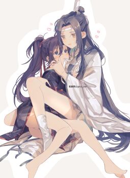 2girls ahoge amana_raika bare_legs barefoot black_eyes black_hair black_hanfu black_skirt blush boots breasts chinese_clothes closed_mouth eyelashes feet full_body genderswap genderswap_(mtf) hair_ribbon hand_on_another&#039;s_chest hand_on_another&#039;s_face hand_on_another&#039;s_shoulder hanfu headband heart high_ponytail highres hug lan_wangji legs long_hair long_sleeves looking_at_another medium_breasts modao_zushi mouth_hold multiple_girls open_mouth panties parted_bangs parted_lips ponytail red_ribbon ribbon ribbon_in_mouth robe sidelocks simple_background sitting skirt smile socks topknot twitter_username underwear very_long_hair wei_wuxian white_background white_boots white_hanfu white_headband white_panties white_skirt wide_sleeves xiao_guan_(headdress) yellow_eyes yuri