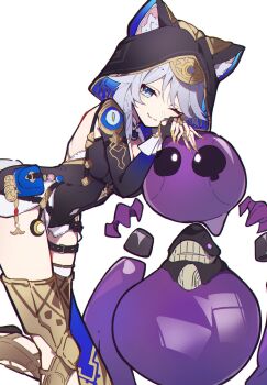 1girl ;3 aitekku animal_ear_fluff animal_ears animal_hood blue_eyes boots breasts cat_ears cat_hood charm_(object) cipher_(honkai:_star_rail) clothing_cutout colored_skin commentary crescent fingerless_gloves gloves grey_hair highres honkai:_star_rail honkai_(series) hood leaning leotard medium_breasts mole one_eye_closed pouch purple_skin spirithief_bartholos_(honkai:_star_rail) thigh_boots thigh_strap thighs yellow_nails