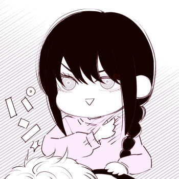 Rule 34 | 1boy, 1girl, braid, chainsaw man, chibi, chibi only, deer60868637, denji (chainsaw man), limited palette, nayuta (chainsaw man), open mouth, purple sweater, ringed eyes, sidelocks, slapping, sweater