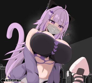 1girl ahoge animal_ears bare_shoulders black_bra bra breasts cat_ears cat_girl cleavage gabai grey_shorts highres hololive huge_breasts jacket long_hair mask mouth_mask navel nekomata_okayu nekomata_okayu_(personya_respect) onigirya_(nekomata_okayu) purple_eyes purple_hair purple_jacket short_shorts shorts solo_focus surgical_mask to_be_continued underwear very_long_hair virtual_youtuber