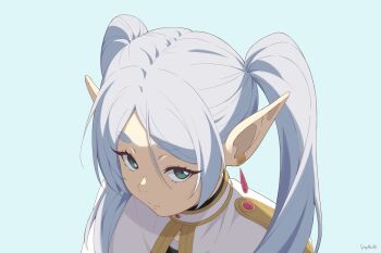 1girl absurdres blue_background earrings elf eyelashes frieren from_above green_eyes grey_hair hashtag-only_commentary highres jewelry looking_at_viewer looking_up pointy_ears solo sousou_no_frieren stayaliveplz twintails upper_body