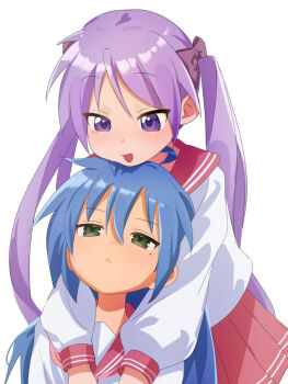 2girls :d ahoge behind_another blue_hair bow green_eyes gsa082rnw hair_bow highres hiiragi_kagami izumi_konata long_hair lucky_star mole mole_under_eye multiple_girls open_mouth purple_eyes purple_hair ryouou_school_uniform school_uniform smile twintails white_background