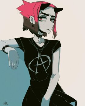 1girl anarchy_symbol arm_rest black_choker black_shirt black_skirt brown_hair choker closed_mouth colored_skin commentary cowboy_shot ear_piercing english_commentary grey_skin highres horns jewelry looking_at_viewer multicolored_hair necklace original piercing pink_eyes pink_hair shibansfw shirt short_hair short_sleeves skirt solo two-tone_hair white_background