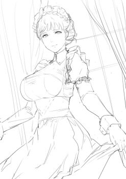 1girl alternate_costume apron braid breasts closed_mouth crown_braid curtains curtsey dress enmaided female_focus fire_emblem fire_emblem:_three_houses holding_own_dress indoors j@ck large_breasts long_sleeves looking_at_viewer maid maid_apron maid_headdress marianne_von_edmund marianne_von_edmund_(timeskip) nintendo puffy_long_sleeves puffy_sleeves sketch solo underbust unfinished white_apron window