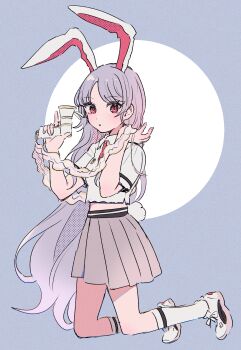 Rule 34 | 1girl, :o, absurdres, animal ears, commentary request, full body, grey background, grey skirt, gun, hands up, highres, holding, holding gun, holding weapon, kneehighs, kneeling, light blush, long hair, looking at viewer, lunatic gun, midriff peek, mozukuzu (manukedori), parted lips, pleated skirt, polka dot, purple hair, rabbit ears, rabbit girl, rabbit tail, red eyes, reisen udongein inaba, shirt, shoes, short sleeves, skirt, socks, solo, tail, touhou, very long hair, weapon, white background, white shirt, white shoes, white socks, white tail