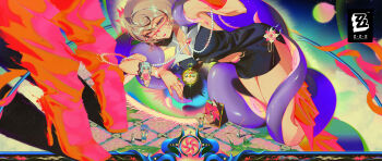 1girl bare_shoulders black_dress blonde_hair bracelet breasts cleavage dress glasses highres jewelry official_art red-framed_eyewear ring short_dress short_hair sleeveless sleeveless_dress solo tentacle_girl tentacles yidhari_murphy zenless_zone_zero