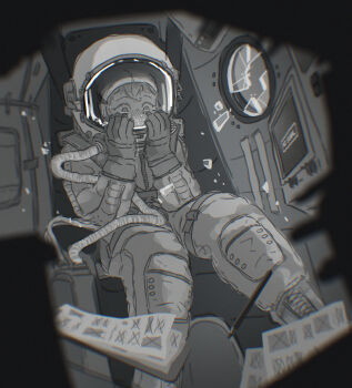 1girl absurdres astronaut broken_window commentary_request crying crying_with_eyes_open greyscale highres imminent_death ishiki_kondaku monochrome original paper pencil solo spacecraft_interior spacesuit sweat tears