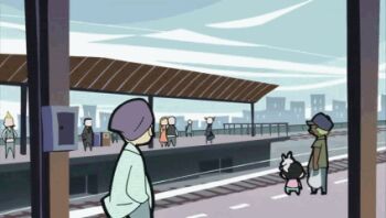 10s 6+boys 6+girls animated animated_gif anime_screenshot beard blonde_hair brown_hair dark_skin delayed_reaction facial_hair ghost_(psg) glasses hat long_hair lowres multiple_boys multiple_girls non-web_source panda panty_&amp;_stocking_with_garterbelt red_hair short_hair train what