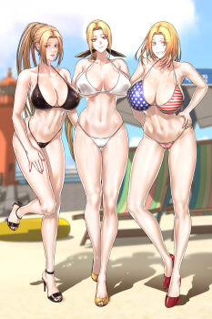 Rule 34 | 3girls, absurdres, american flag, american flag bikini, american flag print, bikini, black bikini, black sandals, blonde hair, blue eyes, breasts, breasts apart, cleavage, color connection, colored eyelashes, dead or alive, earrings, female focus, flag print, flag print bikini, full body, gold nails, gold sandals, grin, hair color connection, hands on own hips, helena douglas, high heel sandals, high heels, highleg, highleg bikini, highres, huge breasts, jewelry, large breasts, long hair, looking at viewer, multiple girls, nail polish, navel, ninja gaiden, print bikini, rachel (ninja gaiden), red nails, red shoes, sandals, shoes, smile, standing, stomach, swimsuit, team ninja, tina armstrong, toenail polish, toenails, toes, trait connection, trickster (artist), underboob, white bikini