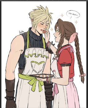1boy 1girl aerith_gainsborough apron arm_belt armor art_program_in_frame artist_name bangle blonde_hair blue_shirt blush bracelet braid braided_ponytail breasts brown_gloves brown_hair cloud_strife commentary cow cropped_jacket dress english_commentary english_text feeding final_fantasy final_fantasy_vii final_fantasy_vii:_ever_crisis food frilled_apron frills gloves gold_bangle green_eyes green_trim hair_between_eyes hair_ribbon heart heart-shaped_food hetero highres jacket jewelry lida_(lidalida04) long_hair medium_breasts official_alternate_costume open_mouth parted_bangs pauldrons pink_dress pink_ribbon pink_trim puffy_short_sleeves puffy_sleeves red_jacket ribbed_shirt ribbon shirt short_hair short_sleeves shoulder_armor sidelocks silver_bangle single_braid single_pauldron sleeveless sleeveless_turtleneck smile sparkle speech_bubble spiked_hair suspenders turtleneck white_apron white_background