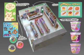 Rule 34 | arrow (symbol), artist name, atm, box, bread, cardboard box, concept art, instant cup noodles, display, english text, food, food packaging, from above, gashapon, grey background, indoors, instant cup noodles, instant noodles, isometric, little kitty big city, microwave, no humans, poster (object), reflective floor, scenery, signature, simple background, supermarket, zandra, zooming in