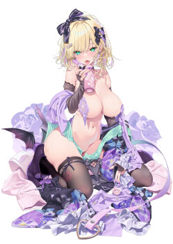 1girl absurdres alcohol armpit_crease bare_shoulders belt black_gloves black_thighhighs blonde_hair blush bottle bow breasts cardigan choko_(cup) colored_inner_hair commentary commission convenient_censoring covered_erect_nipples cup demon_wings doatobira drunk earrings elbow_gloves fingerless_gloves fingernails floral_background floral_print flower gloves green_eyes hair_bow hair_ornament head_tilt highres holding holding_bottle huge_breasts japanese_clothes jewelry kurumi_noah kurumi_noah_(3rd_costume) kurumi_noah_(5th_costume) large_breasts looking_at_viewer medium_hair multicolored_hair nail_polish navel nude open_mouth panties panties_around_thighs panty_pull piercing pink_belt pink_cardigan purple_bow purple_flower purple_hair purple_nails purple_rose purple_shoes purple_wings rose sake sexually_suggestive shoelaces shoes side-tie_panties simple_background skeb_commission skindentation solo stomach sweat thighhighs thighs tokkuri tongue tongue_out two-tone_hair underwear unworn_belt unworn_clothes unworn_kimono virtual_youtuber vspo! wavy_hair wet wet_clothes white_background wing_piercing wings